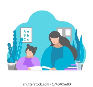 Vector illustration in flat style. Mother and child sit in room, learn alphabet, read book. Education in quarantine time, making homework with parent's help. Home schooling. White background