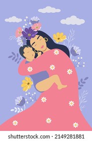 vector illustration in flat style. mother's day greeting card. young woman hugging her baby