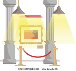 Vector illustration in flat style with museum interior. Paintings, columns in museum room. Night in museum on white isolated background. exhibition hall