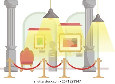 Vector illustration in flat style with museum interior. Paintings, furniture and plaster busts of historical figures in museum premises. Night at the museum on white isolated background. exhibition ha