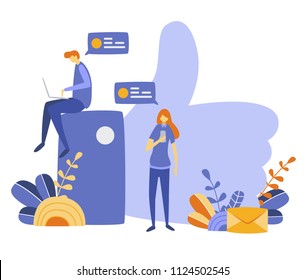 Vector illustration, flat style, news, social networks, chat, dialogue speech bubbles, social media, communication, people are chatting online, mobile marketing, smm, blogging, media planning