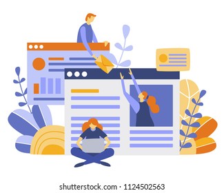 Vector illustration, flat style, news, social networks, chat, dialogue speech bubbles, social media, communication, people are chatting online, mobile marketing, smm, blogging, media planning