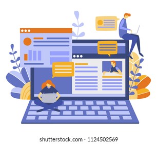 Vector illustration, flat style, news, social networks, chat, dialogue speech bubbles, social media, communication, people are chatting online, mobile marketing, smm, blogging, media planning