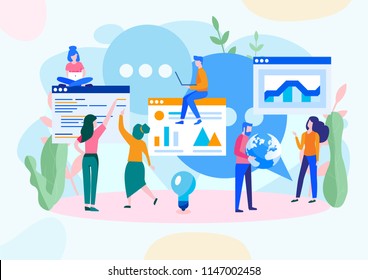 Vector illustration, flat style, news, social networks, chat, dialogue speech bubbles, businessmen discuss social network, smart team, team work, web development, marketing
