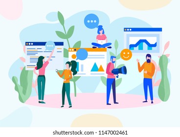 Vector illustration, flat style, news, social networks, chat, dialogue speech bubbles, businessmen discuss social network, smart team, team work, web development, marketing