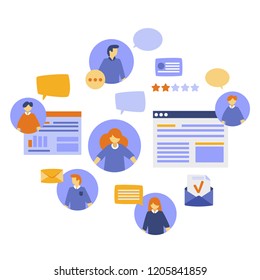 Vector illustration, flat style, news, social networks, chat, dialogue speech bubbles, social media, communication, people are chatting online, marketing, smm, blogging, media planning, recruitment