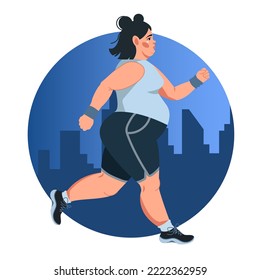Vector illustration in a flat style with an obese woman jogging against the background of a night city. Healthy lifestyle and proper nutrition, sports training, running