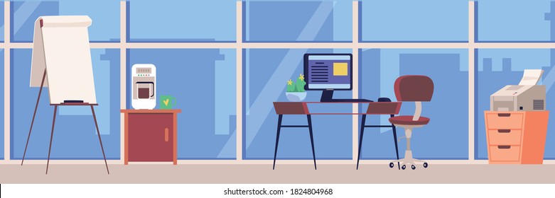 Vector illustration in flat style of office interior. Deserted office room with furniture, work space and equipment for work.