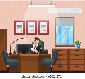 Vector Illustration In A Flat Style, The Office Of The Chief Of Police.