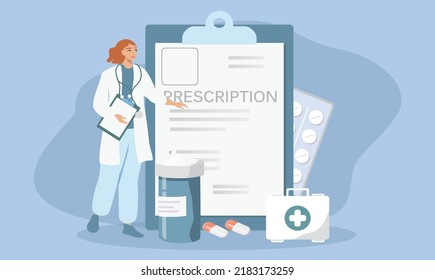 vector illustration in flat style om the theme of medicine and pharmacology. doctor,  prescription for medicines,  jars and blisters with pills.