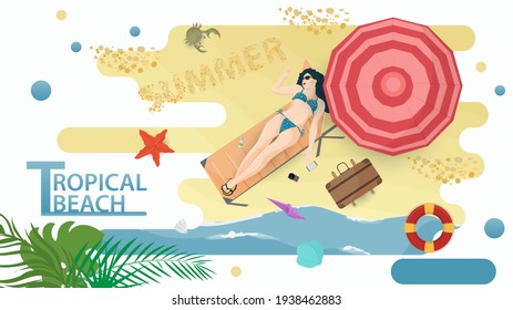 Vector illustration in a flat style on the theme of summer holidays and vacations on the shore of a tropical beach, A girl in a bikini swimsuit lies on a chaise longue under an umbrella 