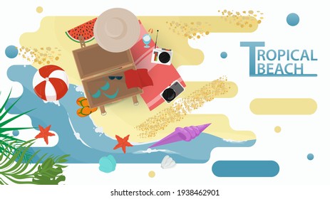 Vector illustration in a flat style on the theme of summer holidays and vacations on the shore of a tropical beach, an open suitcase with things lies on the seashore