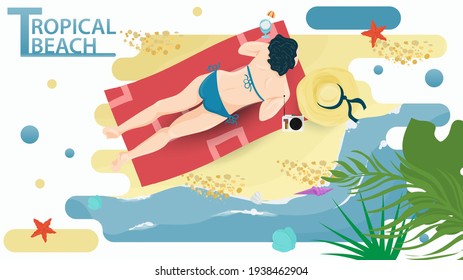 Vector illustration in a flat style on the theme of summer holidays and vacations on the shore of a tropical beach, A girl in a blue bikini swimsuit is sunbathing on the beach