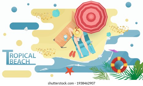 Vector illustration in a flat style on the theme of summer holidays and vacations on the shore of a tropical beach, A girl with a phone sitting next to a chaise longue on a mat on the beach