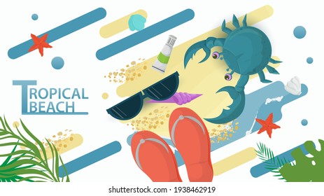 Vector illustration in a flat style on the theme of summer holidays and vacations on the shore of a tropical beach, a blue crab next to glasses and sneakers on the beach