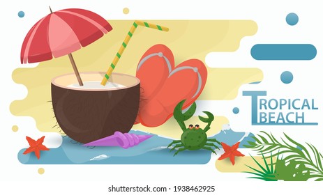 Vector illustration in a flat style on the theme of summer holidays and vacations on the shore of a tropical beach, A coconut shell with juice umbrella stands on the shore of a sea beach