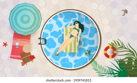 Vector illustration in a flat style on the theme of summer holidays and vacations, Top view, A girl in a swimsuit on an air mattress lying in the pool