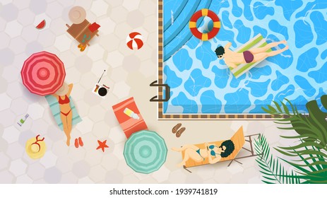 Vector illustration in a flat style on the theme of summer holidays and vacations, Top view, People swimming in the pool and relaxing nearby
