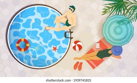 Vector illustration in a flat style on the theme of summer holidays and vacations, Top view, A man sitting in a round pool, and a girl lying under an umbrella