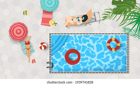 Vector illustration in a flat style on the theme of summer holidays and vacations, Top view, Two girls in swimsuits sunbathing near the pool on a mat under an umbrella