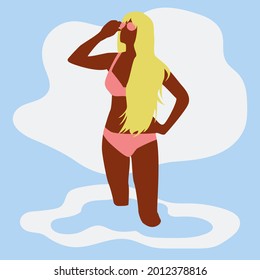 Vector illustration in a flat style on the theme of summer holidays. A tanned young girl with long blonde hair in a pink swimsuit and sunglasses is standing in the sea and looking at the sun.