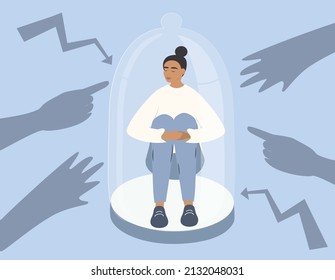 Vector Illustration In Flat Style On The Theme Of Safe Space, Protection From Fear. The Girl Sits Hugging Her Knees Under A Large Glass Dome. Hands And Lightning Reach Out To Her.