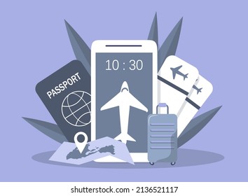 vector illustration in flat style on the topic of online ordering a tourist tour. a smartphone on the screen of which is the airplane and next to it is a suitcase, tickets, map and a passport