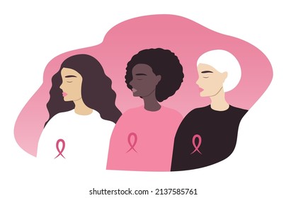 vector illustration in flat style on the theme of the fight against breast cancer. three women of different races with a pink ribbon