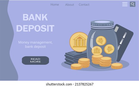 vector illustration in flat style on the theme of saving money, deposits, banking services. Website banner. Jar with money, stacks of coins and banknotes, credit card.