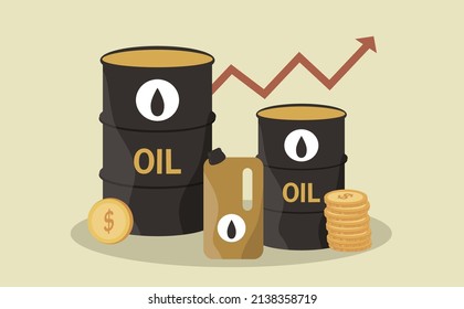 vector illustration in a flat style on the theme of an increase in the price of oil. two barrels of oil, engine oil, a stack of coins and an up arrow