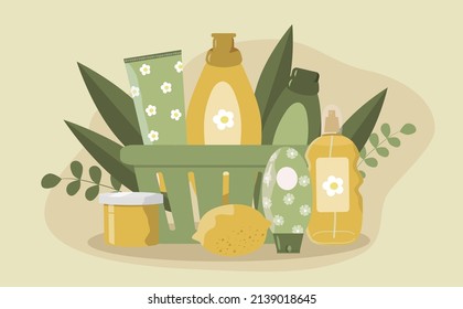 vector illustration in flat style on the theme of eco-friendly cosmetics. Creams, lotions, skin care cosmetics in a basket and green leaves.