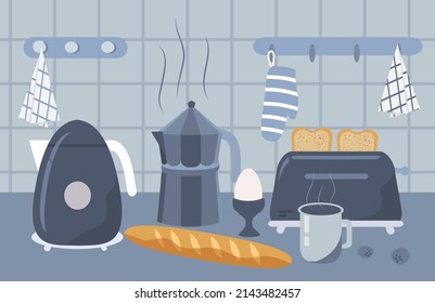 ilustración vectorial en un estilo plano sobre el tema del desayuno en la cocina. Cocina (tostadora, hervidor eléctrico, cafetera) y alimentos (tostadas, huevos, café)