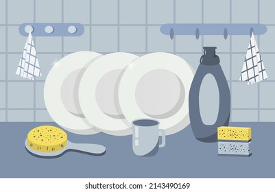 vector illustration in a flat style on the theme of washing dishes. clean plates, dishwashing detergent, dishwashing sponges and brushes