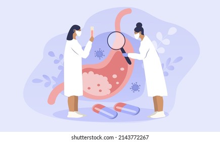 vector illustration in a flat style on the theme of gastroenterology. Two doctors examining the stomach