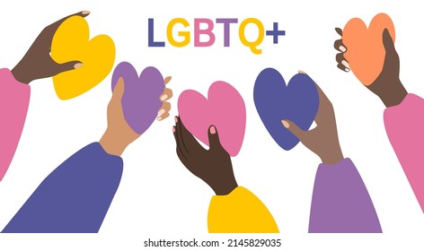 vector illustration in a flat style on the theme of the lgbt community. Hands of people of different races holding colored hearts