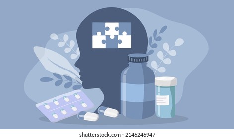 vector illustration in a flat style on the topic of medicines to improve brain function. Big head with a puzzle and various pills