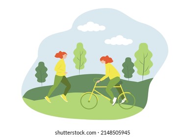 vector illustration in flat style on the theme of sports, activities. a young woman is jogging, another young woman is cycling