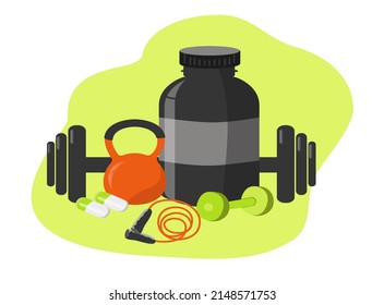 vector illustration in a flat style on the theme of sports, sports nutrition, gym. Kettlebell, barbell, jump rope, dumbbell