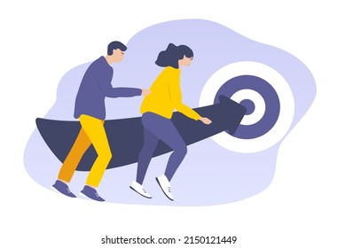 vector illustration in a flat style on the theme of achieving goals, teamwork. a man and women drag an arrow to the center of the darts board