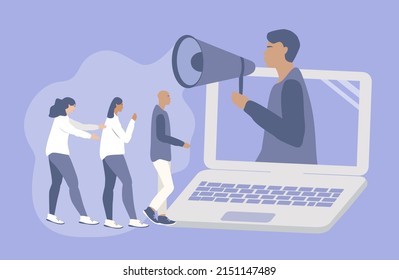 vector illustration in flat style on the theme of online advertising, agitation. A man speaks into a megaphone from a laptop screen, people go to him