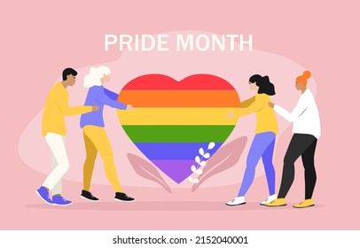 vector illustration in flat style on lgbt theme, pride month. Diverse people holding a heart painted in rainbow colors