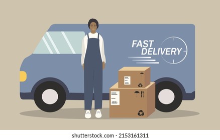 vector illustration in a flat style on the theme of delivery. delivery service car, courier and parcel boxes