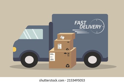 vector illustration in a flat style on the theme of fast delivery. delivery service car and parcel boxes