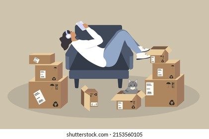 vector illustration in a flat style on the theme of moving. the girl lies in a chair and looks at the smartphone, next to it there are a lot of unpacked boxes