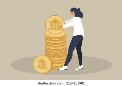 vector illustration in a flat style on the topic of budget planning, saving money. girl puts a coin on a stack of coins