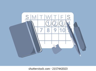 vector illustration in a flat style on the theme of notes, keeping a diary, planning. calendar, notebook, diary, pen and marker.