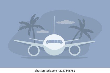 ilustración vectorial en un estilo plano sobre el tema de viajes, viajes aéreos. Avión, palmeras y nubes.