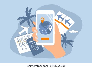 Vektorgrafik in einem flachen Stil zum Thema der Bestellung von Flugtickets online. Hand mit einem Smartphone auf dem Bildschirm, von dem der Globus, Flugtickets, Reisepass, Kalender, Palmen, Flugzeug