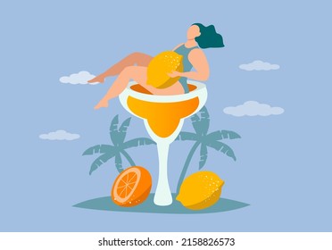 vector illustration in a flat style on the theme of holidays, holidays, summer cocktails. Girl in a bathing suit lies in a glass with a cocktail