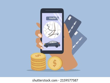 ilustración vectorial en un estilo plano sobre el tema de las solicitudes para pedir un taxi. mano con smartphone, tarjetas bancarias y pila de monedas